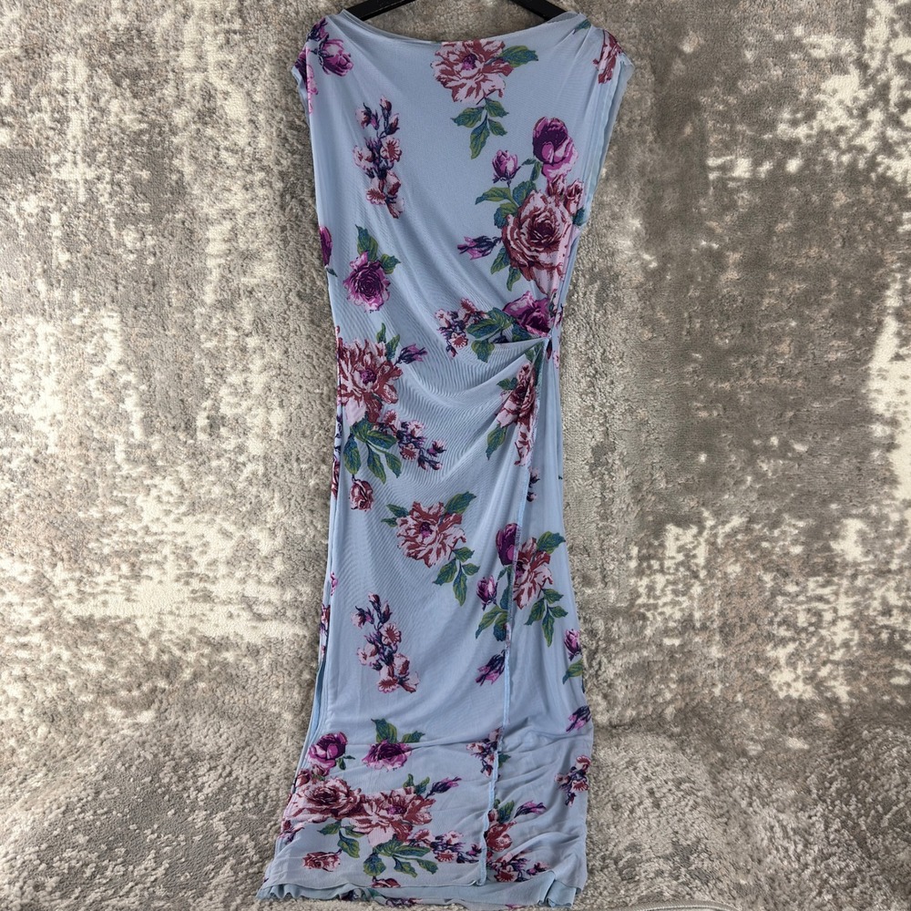 Free People Size‎ Sp Floral Mesh Ruched Maxi Dress Blue Sleeveless Women